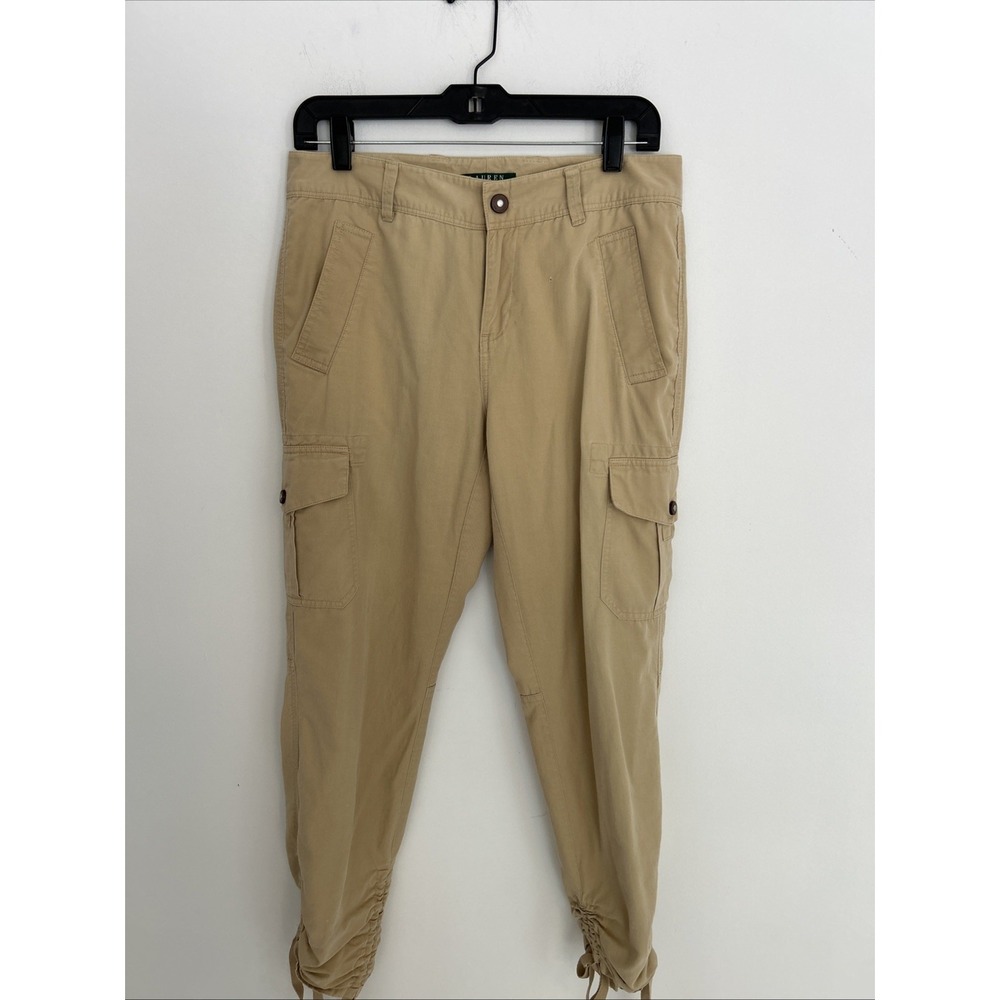 Lauren Ralph Lauren Women's Sz 6 Cargo Pants Ruched Ankle Ties‎ Tan Relax-1 Flaw